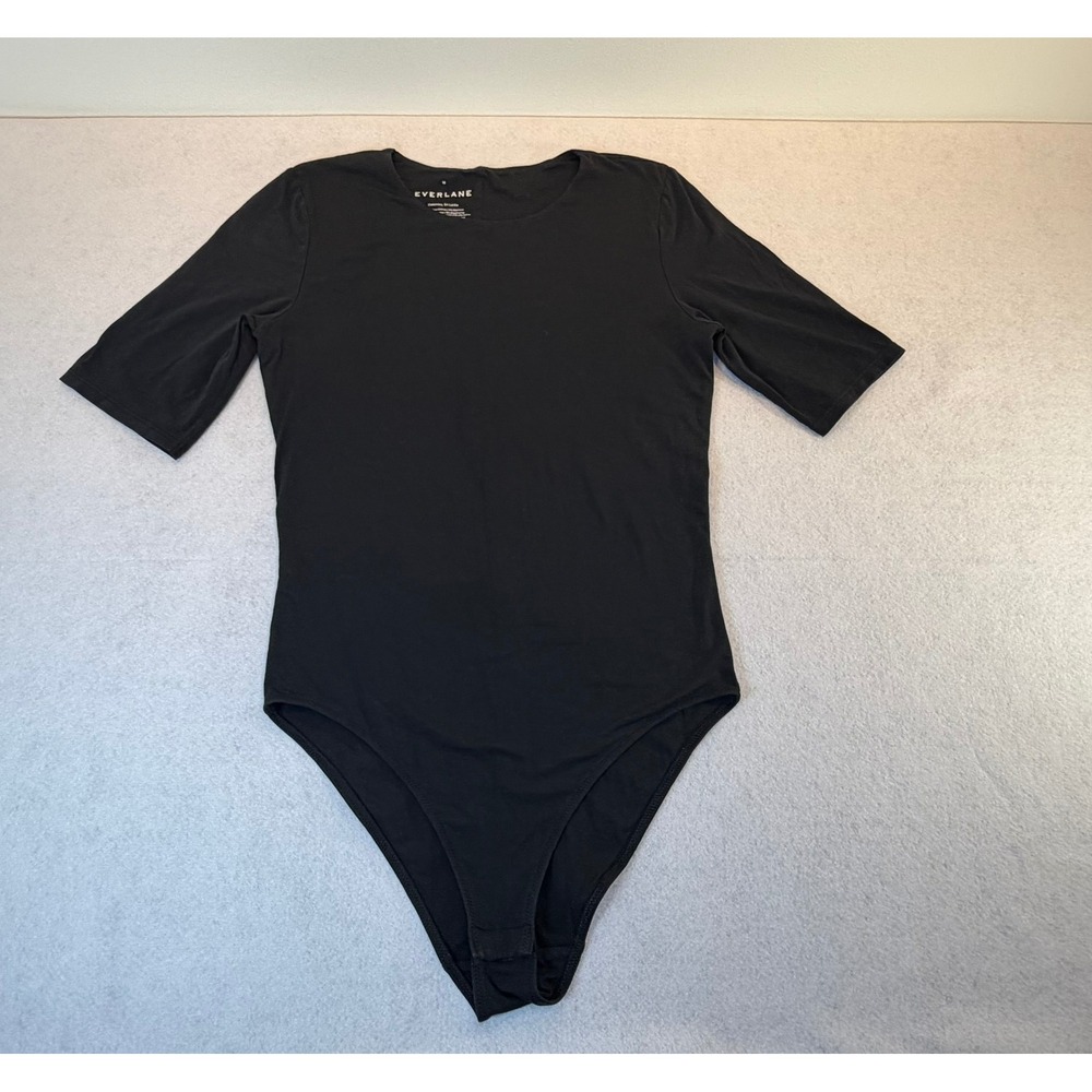 Everlane Womens Black Supima Cotton Elbow Sleeve Crew Neck Bodysuit Size M